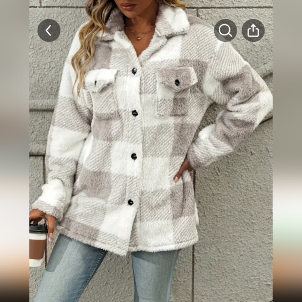 Buffalo Plaid Button Up Teddy Shacket Gray & White Checkered NWT - Picture 4 of 6